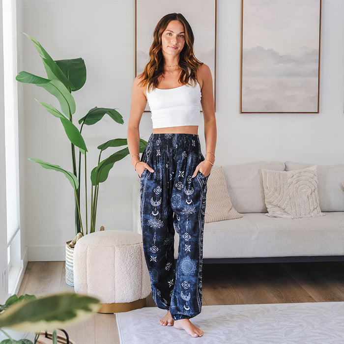 Midnight Lotus Moon Harem Pants, worn indoors