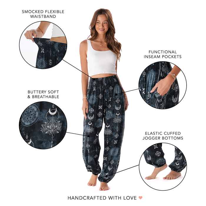 Midnight Lotus Moon Harem Pants, feature callouts