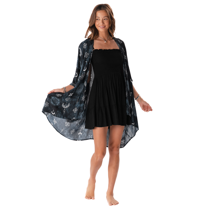 Midnight Lotus Moon Kimono, worn open