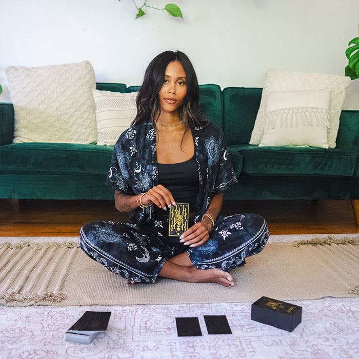 Midnight Lotus Moon Lounge Set, worn with tarot cards