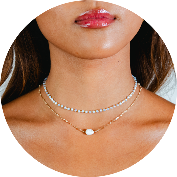 Moon Dancer 3mm Healing + Moonstone Necklace Stack, worn on the neck