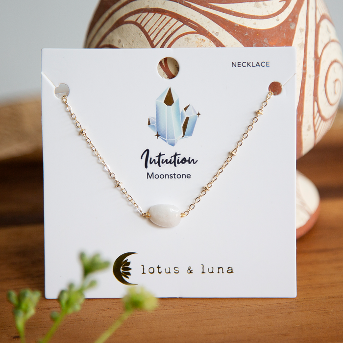 Moon Dancer 3mm Healing + Moonstone Necklace Stack, on brand card