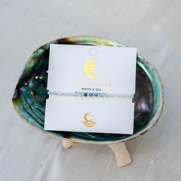 Moon & Sea 3mm Healing Bracelet, on card in shell