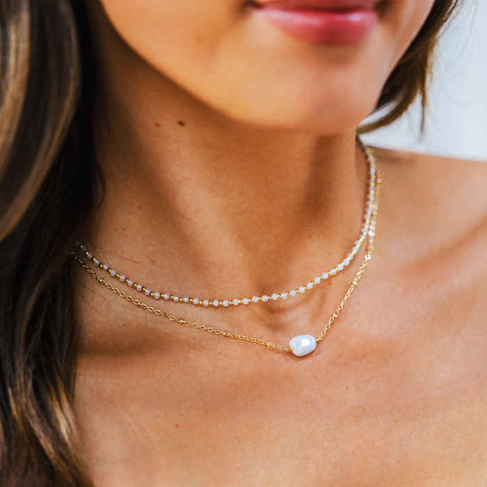 Moonstone Necklace, gold with beaded choker