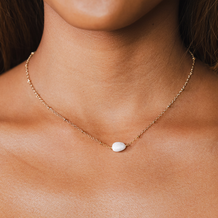 Moonstone Necklace, gold chain on collarbone