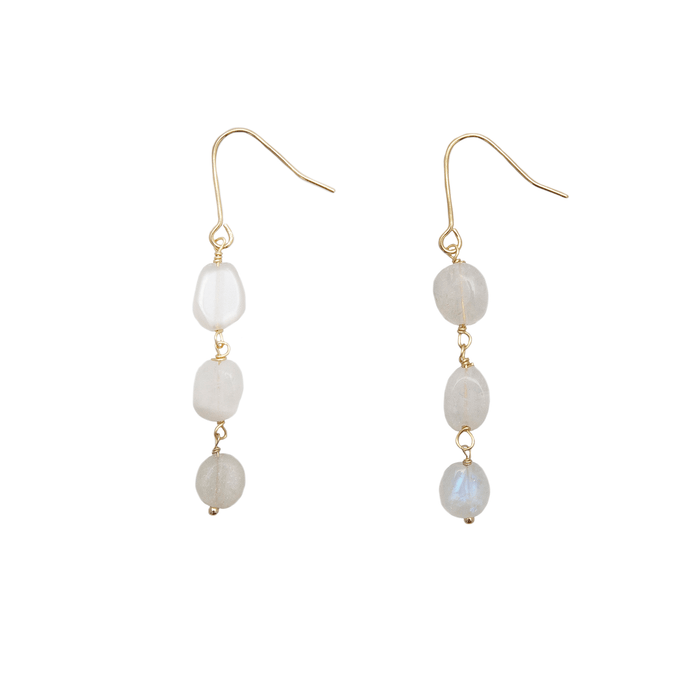Moonstone Waterfall Earrings, flat lay, gold
