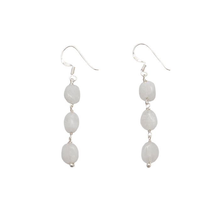 Moonstone Waterfall Earrings, flat lay, silver