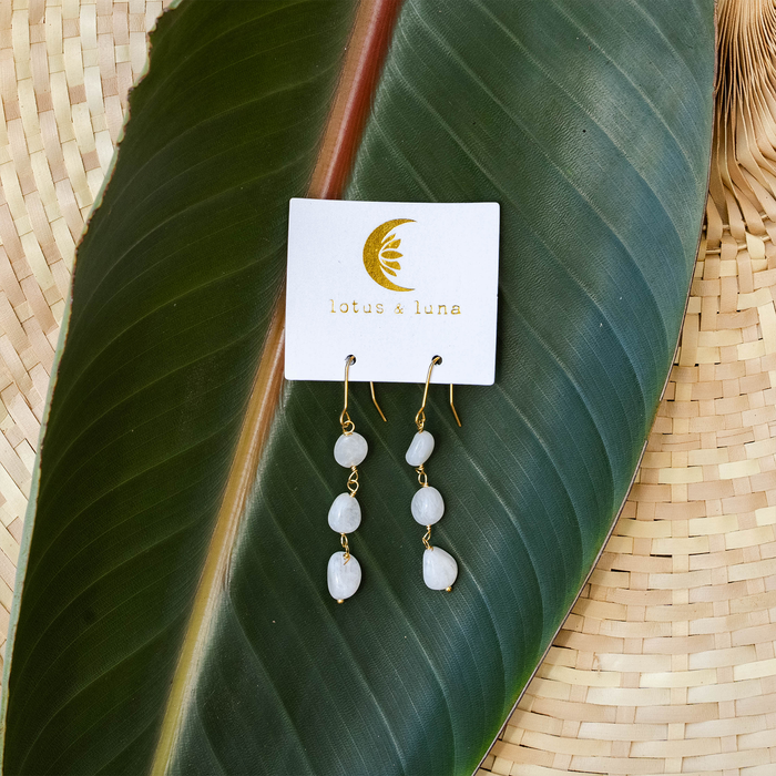 Moonstone Waterfall Earrings, on brand card, gold