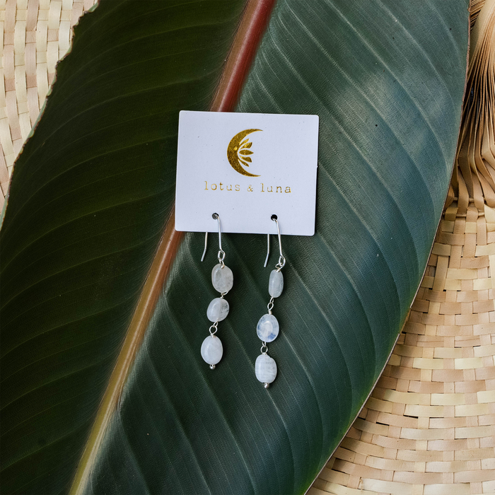 Moonstone Waterfall Earrings, on brand card, silver