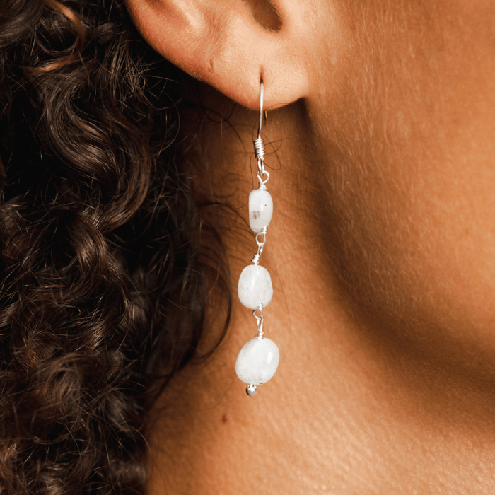 Moonstone Waterfall Earrings, on ear, silver