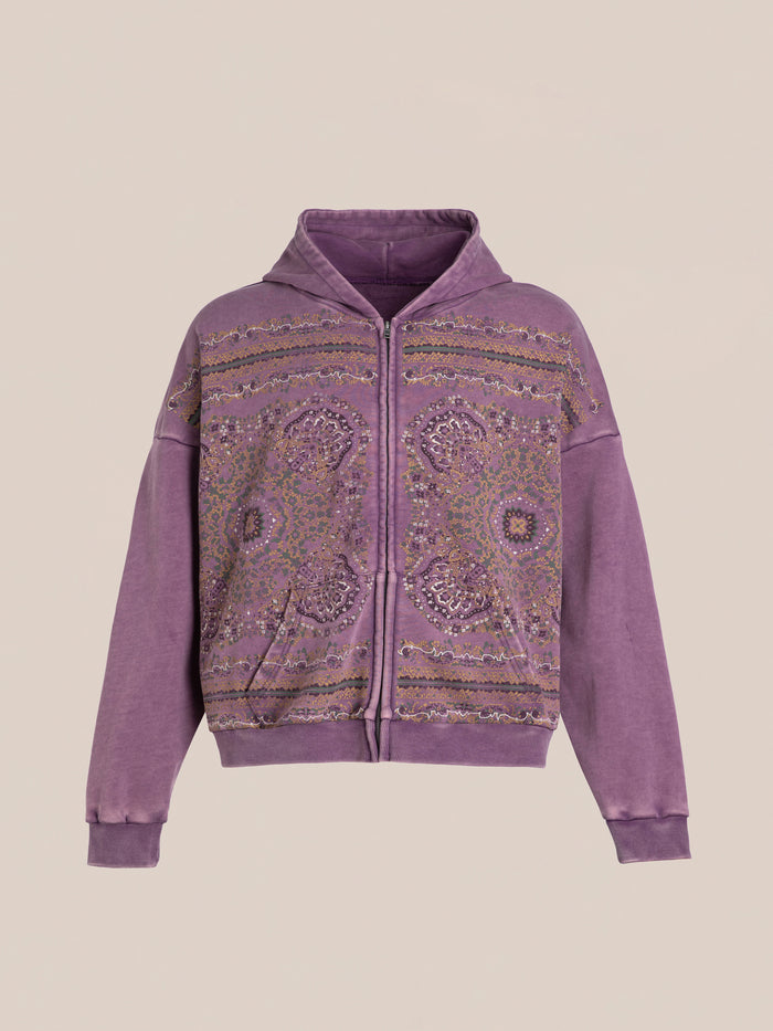 FOUND Motif Zip-Up Hoodie features intricate decorative patterns and mandala art embroidery on the front—a must-have streetwear essential.