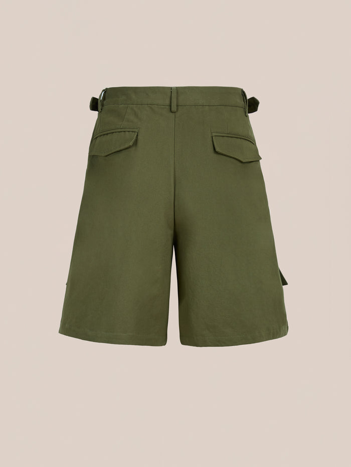 Back view of Found Multi Pocket Shorts in olive green, knee-length with two back flap pockets, adjustable side tabs, and classic cargo style, shown on a plain background.
