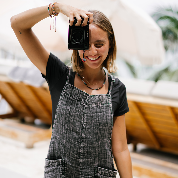 Mystery Boardwalk Romper, worn with camera