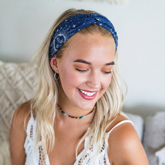 Mystic Indigo Headband Bundle, worn seated
