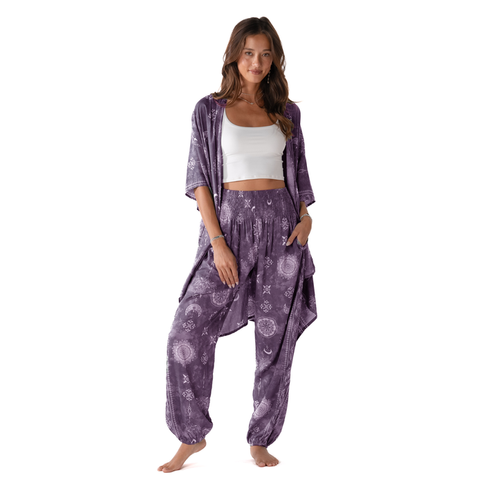 Mystic Plum Kimono, front with pants