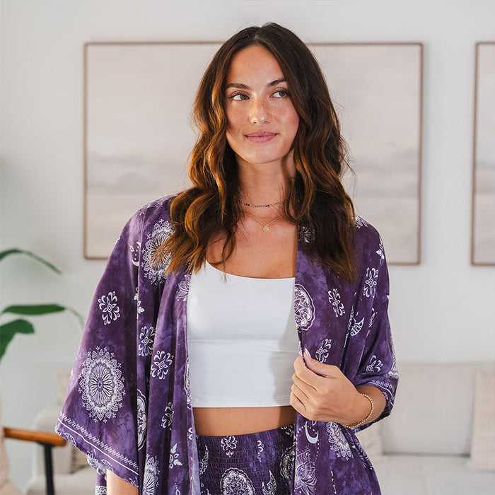 Mystic Plum Kimono, worn upper body