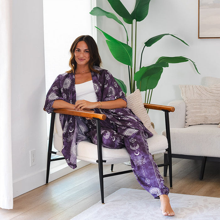 Mystic Plum Kimono, seated in chair