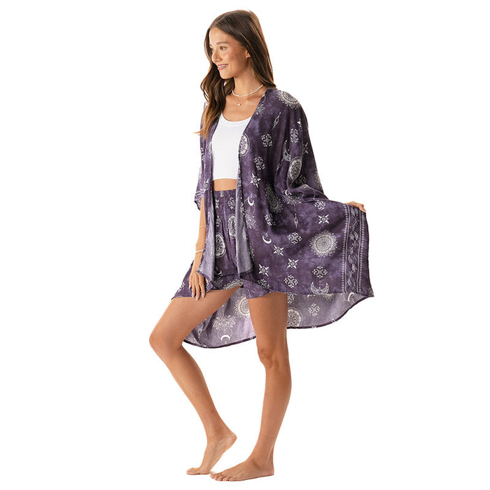 Mystic Plum Kimono, worn mid-step