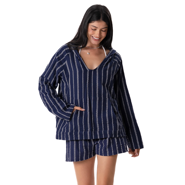Navy Sailor Stripe Baja Pullover, front