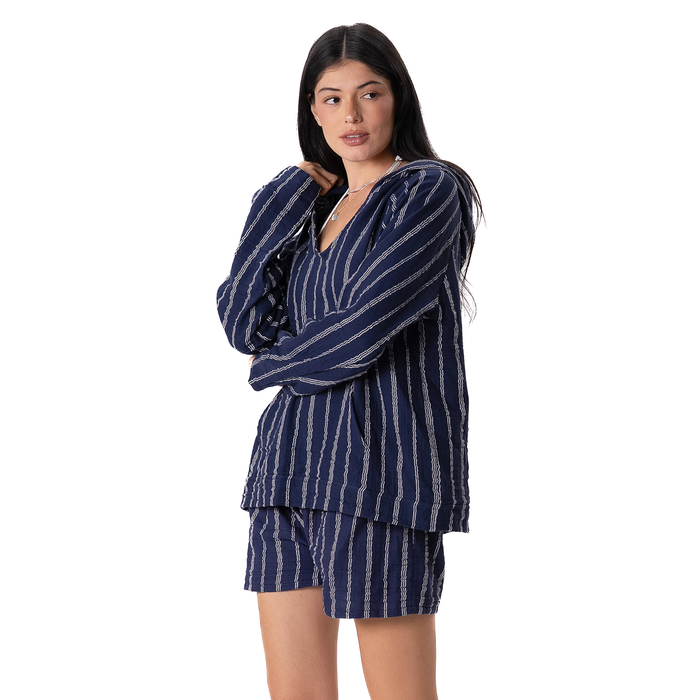 Navy Sailor Stripe Baja Pullover, front, arms crossed