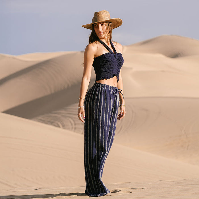 Navy Sailor Stripe Cotton Cabana Pants, worn standing on dunes