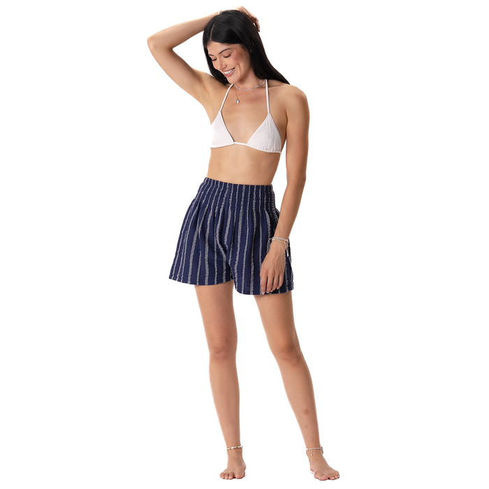 Navy Sailor Stripe Cotton Shorts, front, arm raised