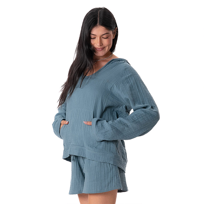 New Moon Blue Baja Pullover, front three-quarter