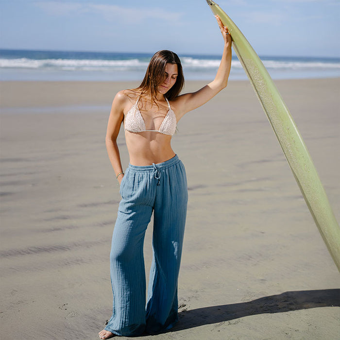 New Moon Blue Cabana Pants, worn on the beach