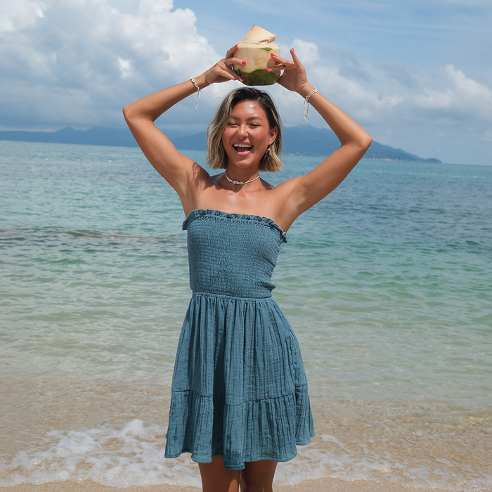 New Moon Blue Daiquiri Dress, worn on the beach