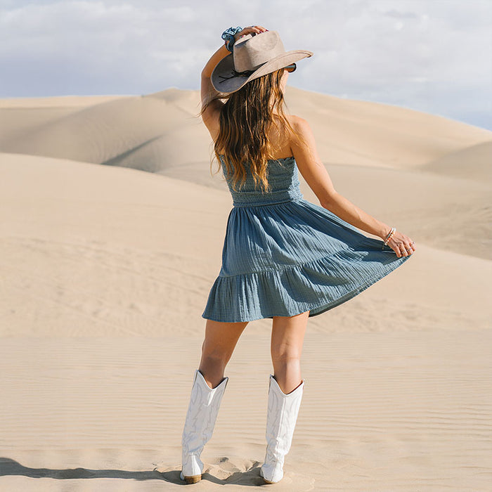 New Moon Blue Daiquiri Dress, worn from behind in the dunes