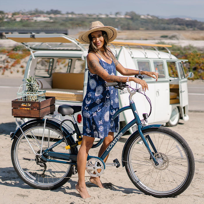 Nightfall Barefoot Beach Dress, worn with a bicycle