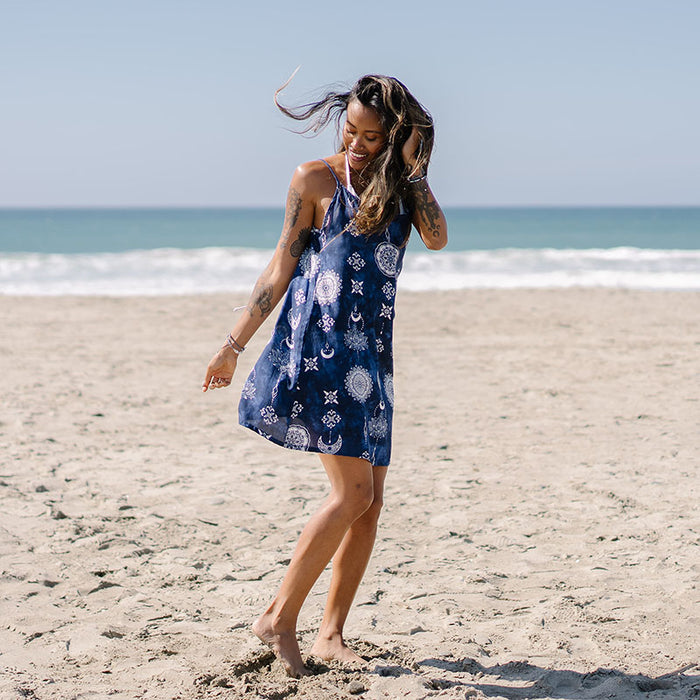 Nightfall Barefoot Beach Dress, worn walking on the beach