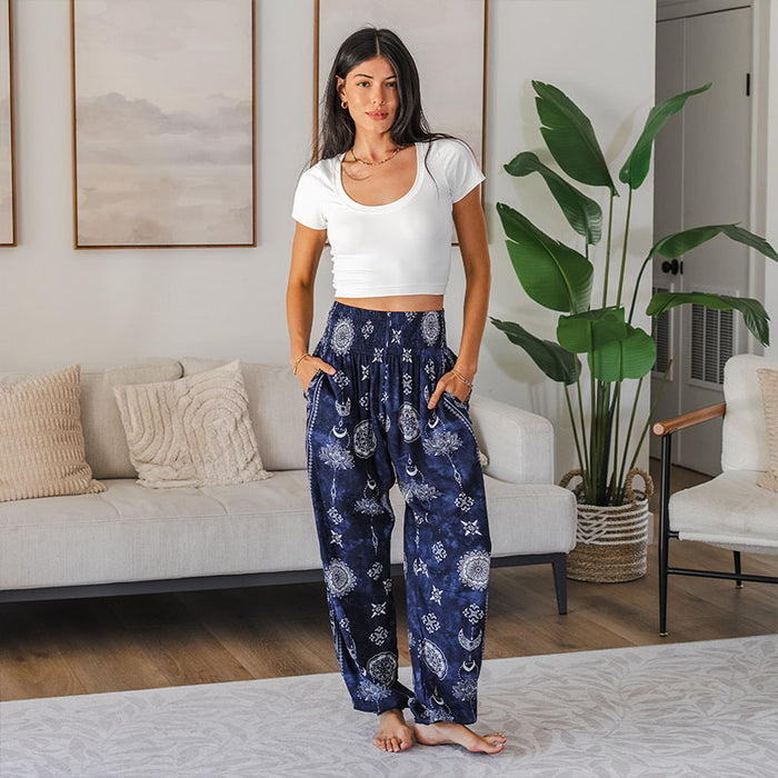 Nightfall Blue Lotus Moon Harem Pants, worn standing