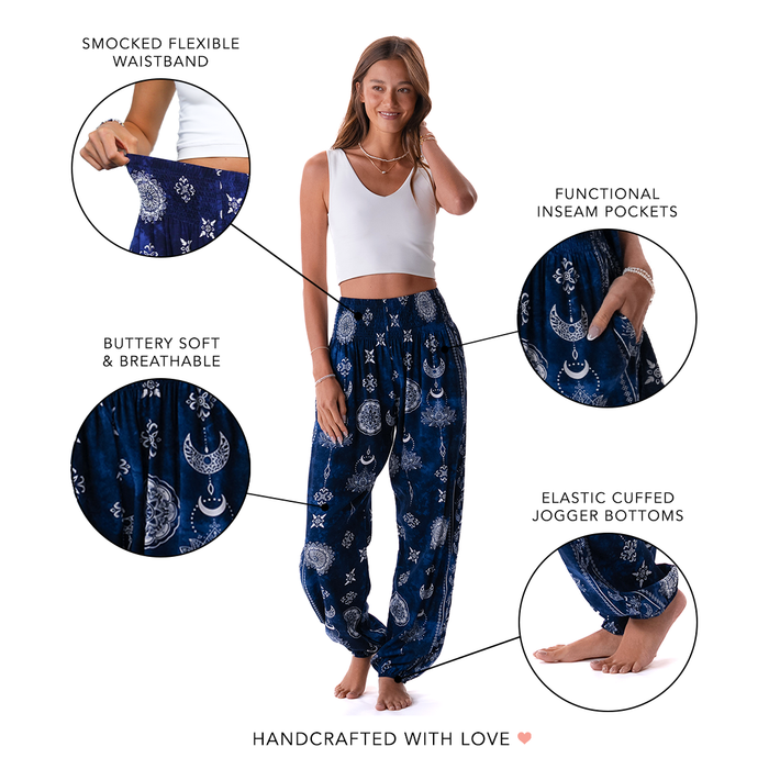 Nightfall Blue Lotus Moon Harem Pants, front with feature callouts