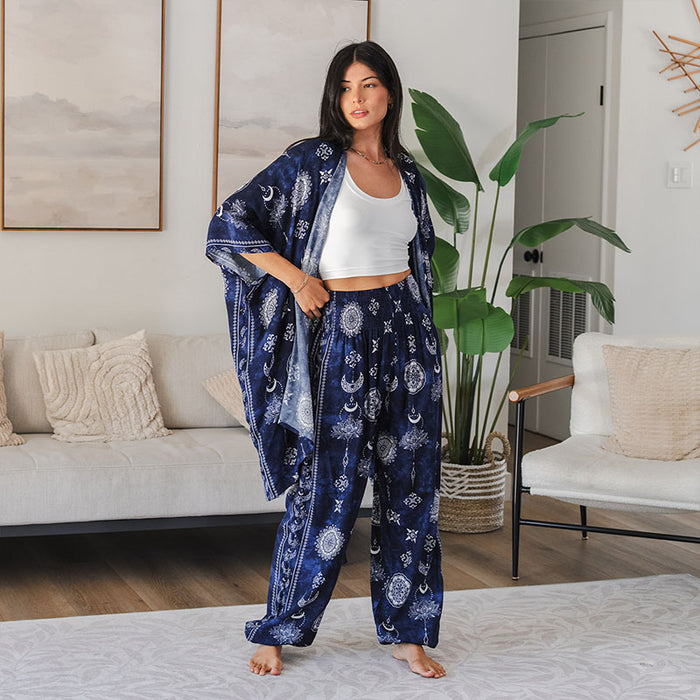Nightfall Blue Lotus Moon Kimono, worn in the living room