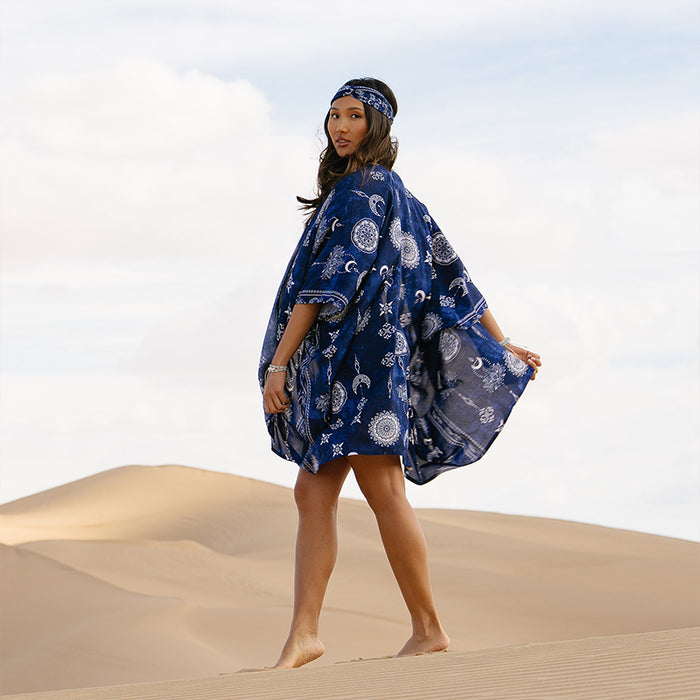 Nightfall Blue Lotus Moon Kimono, worn on the dunes