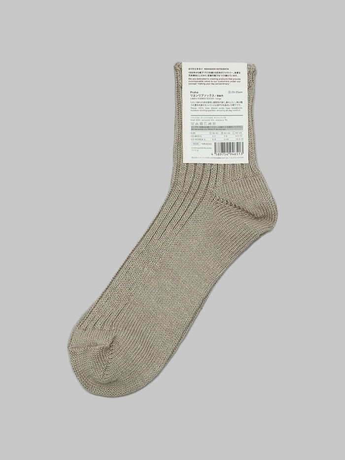 nishiguchi kutsushita linen ribbed socks beige back label