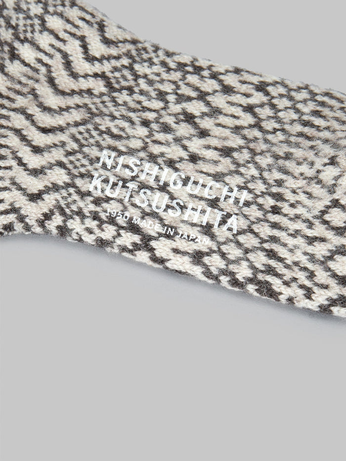 Nishiguchi Kutsushita Wool Jacquard Socks Oatmeal Brand Logo
