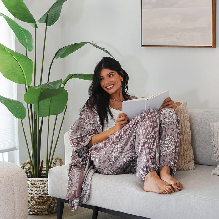 Nosara Kimono, worn reading on couch