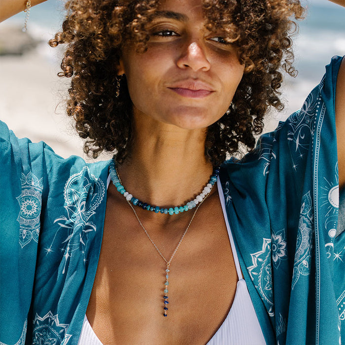 Ocean Ombre Raw Stone Healing Necklace, worn on neck
