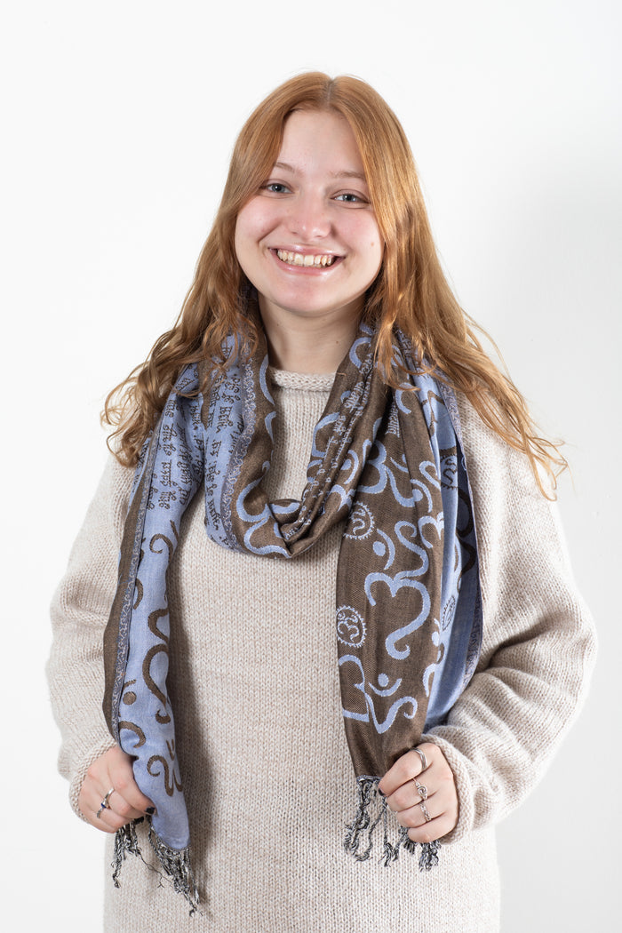 Ohm Patterned Reversible Fringe Shawl in Brown