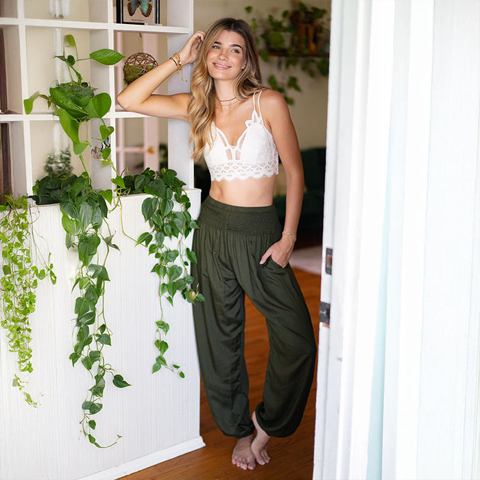 Olive Harem Pants, worn indoors