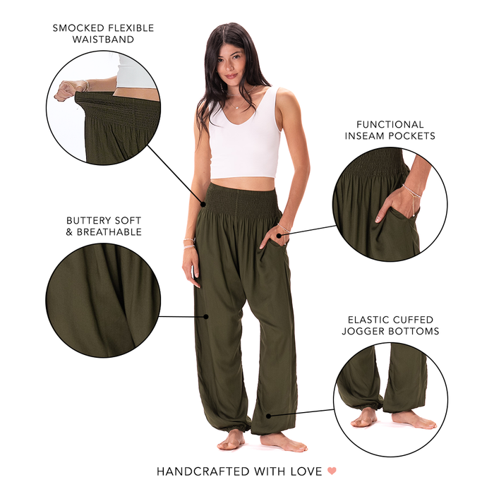 Olive Harem Pants, feature callouts