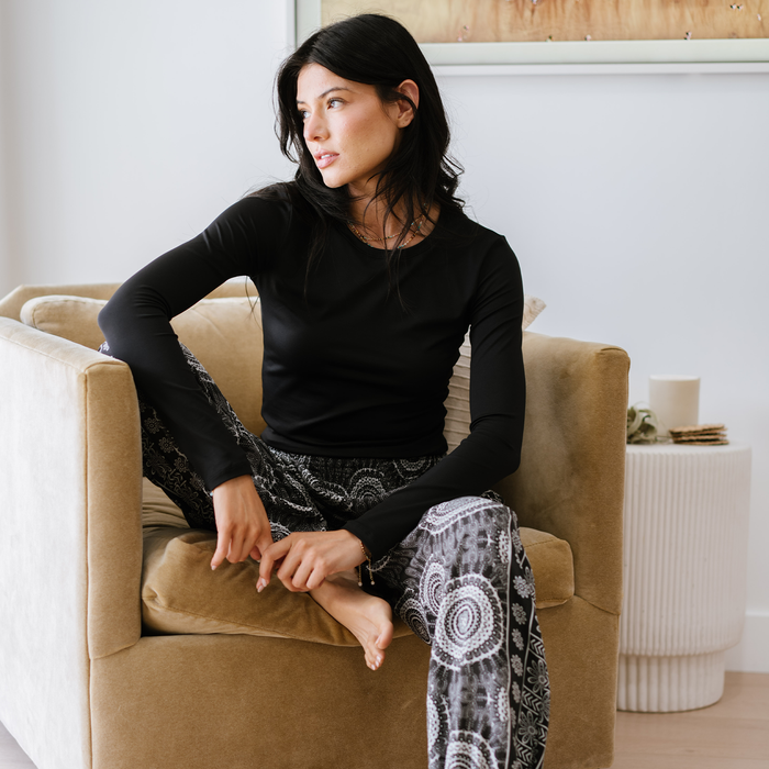 Onyx Hatha Long Sleeve Top, worn seated