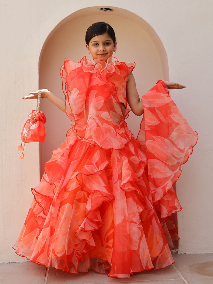 Orange Floral Ruffle Organza Festive Lehenga for Girls