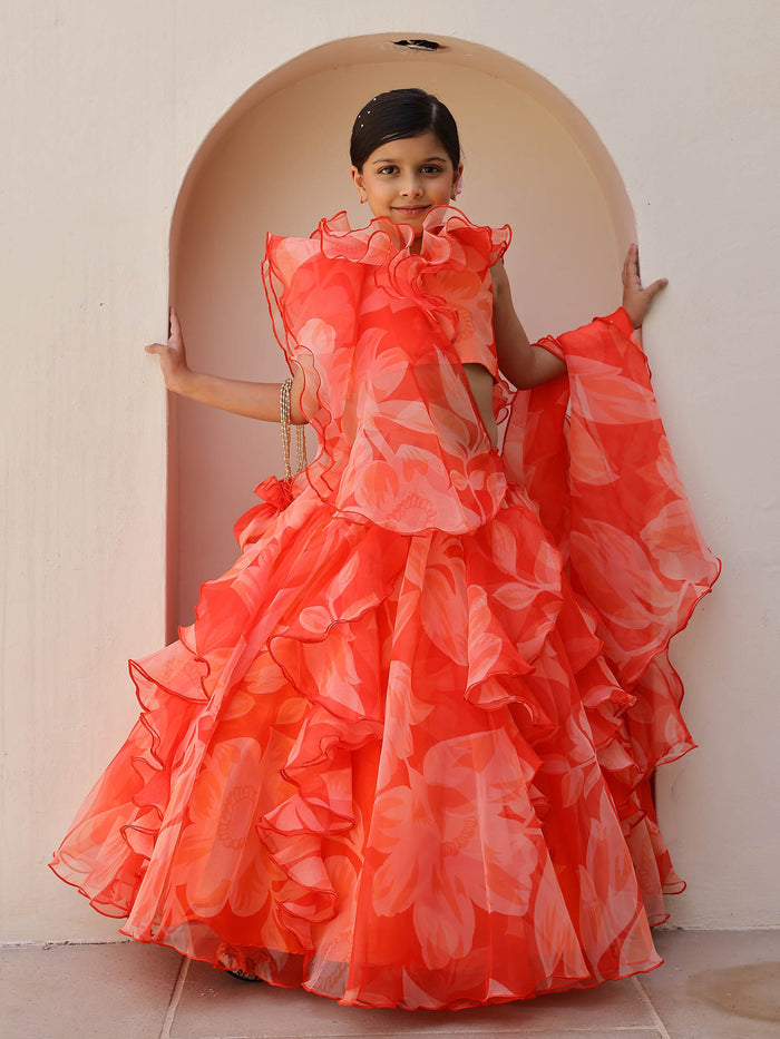 Orange Floral Ruffle Organza Festive Lehenga for Girls