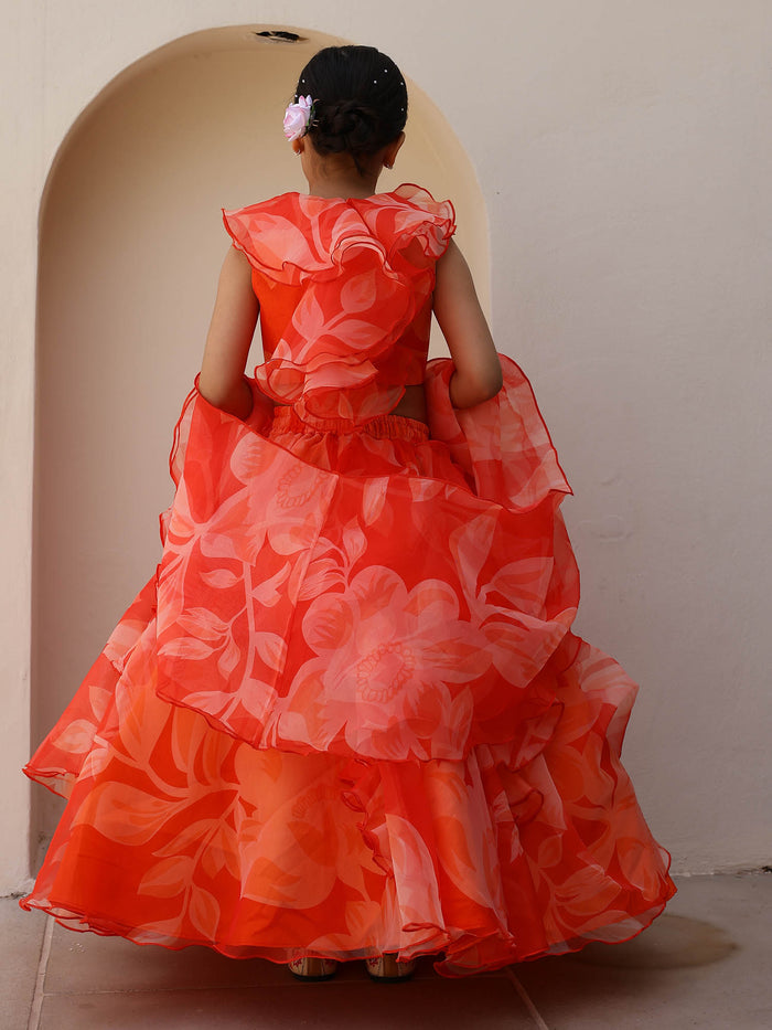 Orange Floral Ruffle Organza Festive Lehenga for Girls