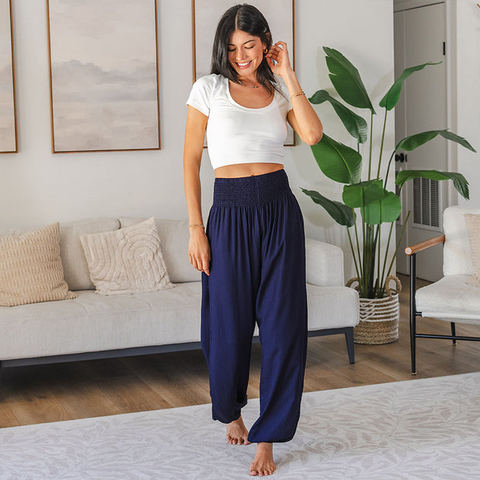 Oxford Harem Pants, worn indoors