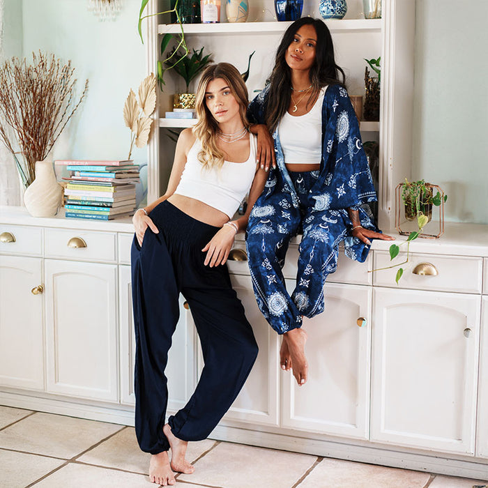 Oxford Harem Pants, seated with a friend