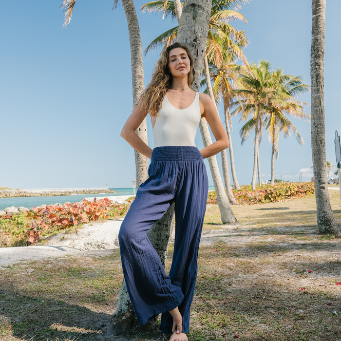 Oxford Wide Leg Cotton Pants, worn on the beach